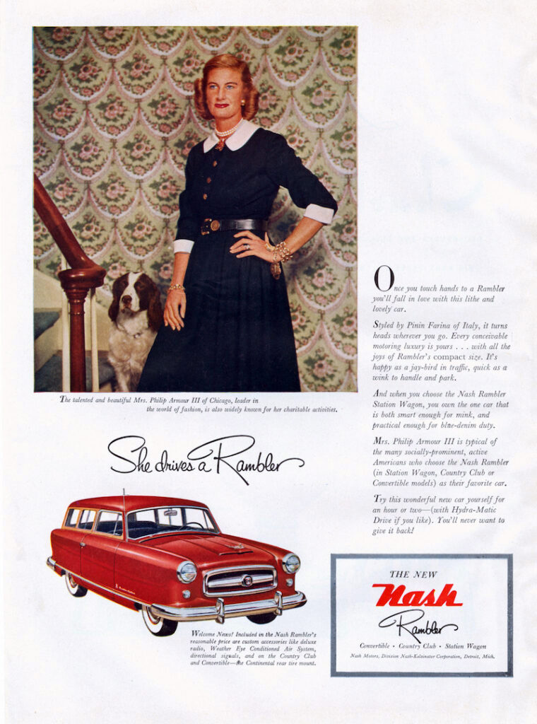 1955 women's Warners A'Lure bra woman girl station wagon car ad